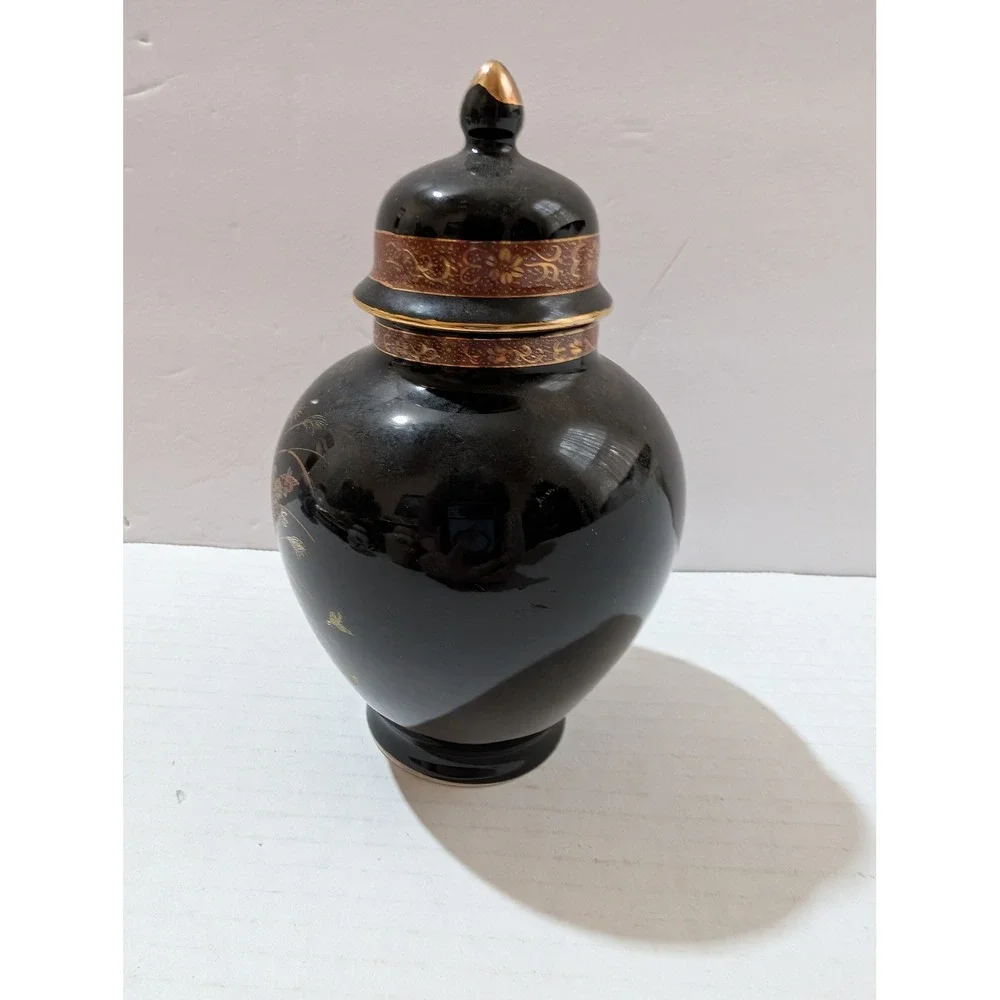 Vintage Japanese Black Ginger Jar with Lid Gold Floral Bird Design 7 Inch
